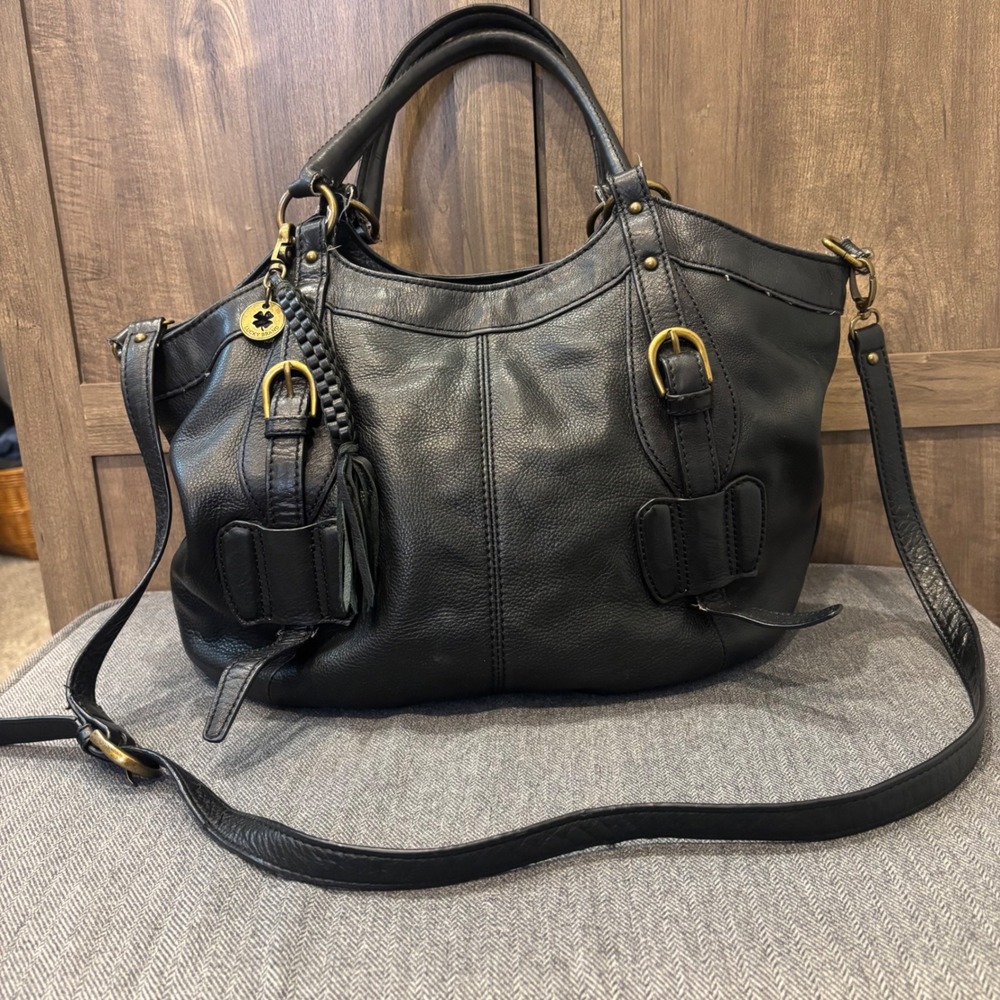 Lucky Brand Black Pebbled Leather Shoulder Satchel Crossbody Bag Clover Charm